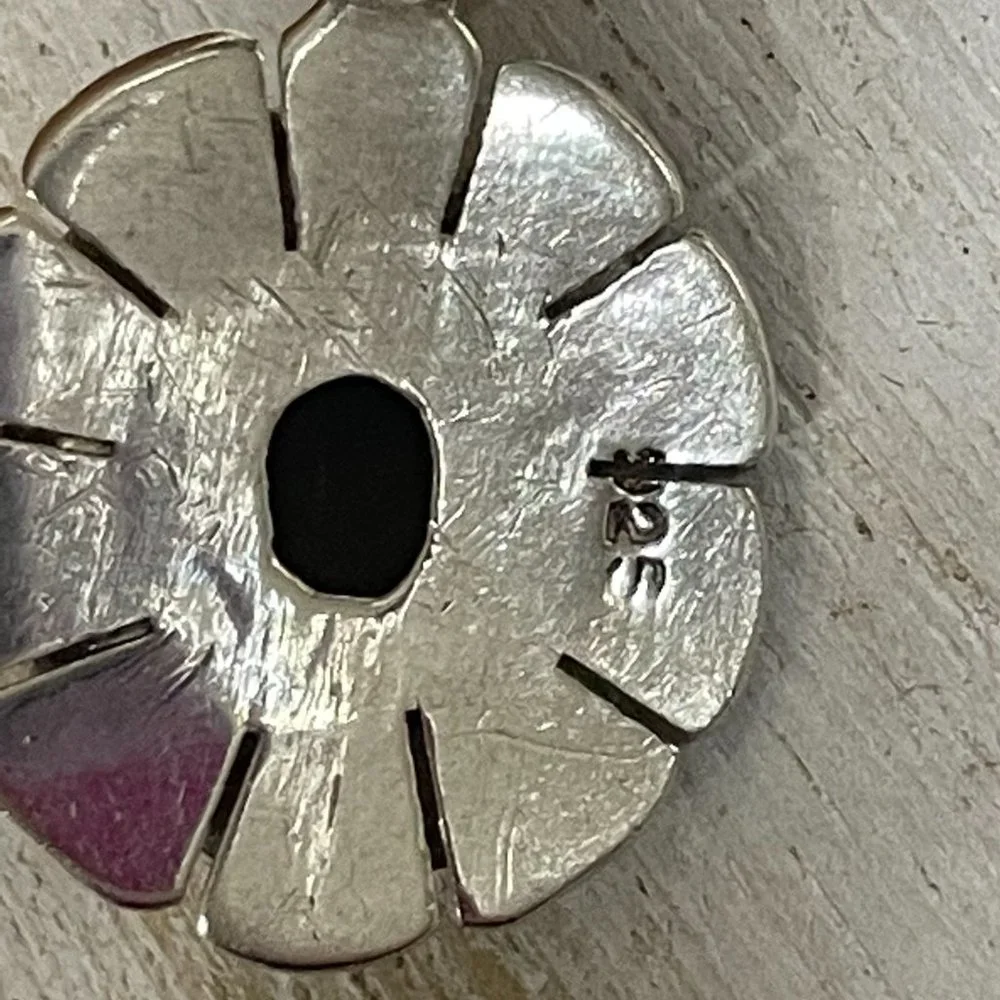 VINTAGE STERLING SILVER DOUBLE FLOWER BEZEL FRAME TIGERS EYE CABOCHON PENDANT - Picture 3 of 4